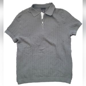 H&M Men's Gray Textured Polo Shirt  Knit Top Slim Fit, Short Sleeve 1/4 Zip